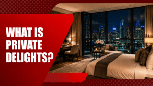 Private Delights guide featuring a luxury hotel suite overlooking a city skyline at night, exploring companionship services and alternatives in 2026.