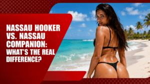 Woman in a black bikini walking along a tropical Nassau beach for a travel guide comparing Nassau hookers and companions.