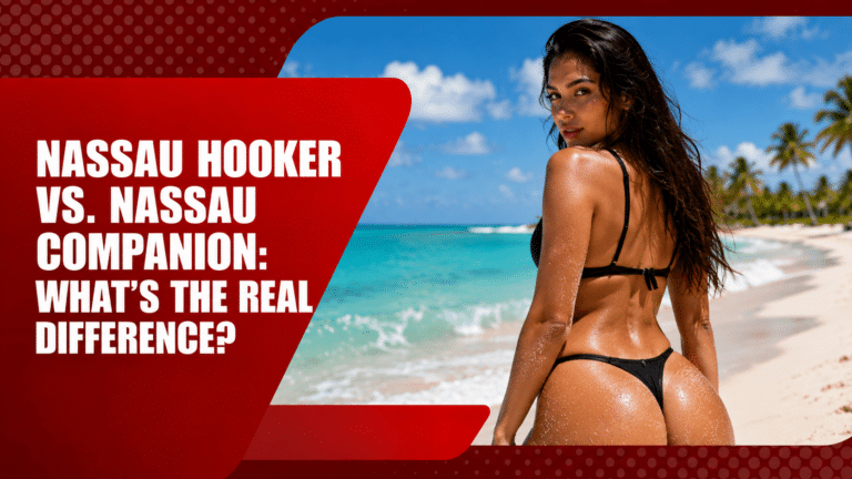 Woman in a black bikini walking along a tropical Nassau beach for a travel guide comparing Nassau hookers and companions.