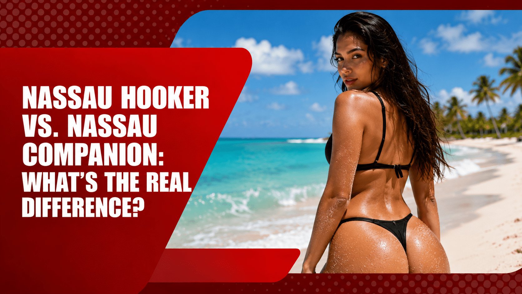 Woman in a black bikini walking along a tropical Nassau beach for a travel guide comparing Nassau hookers and companions.